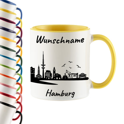 Tasse in Hellgelb 330ml bedruckt mit der Skyline von Hamburg personalisierbar mit Wunschname