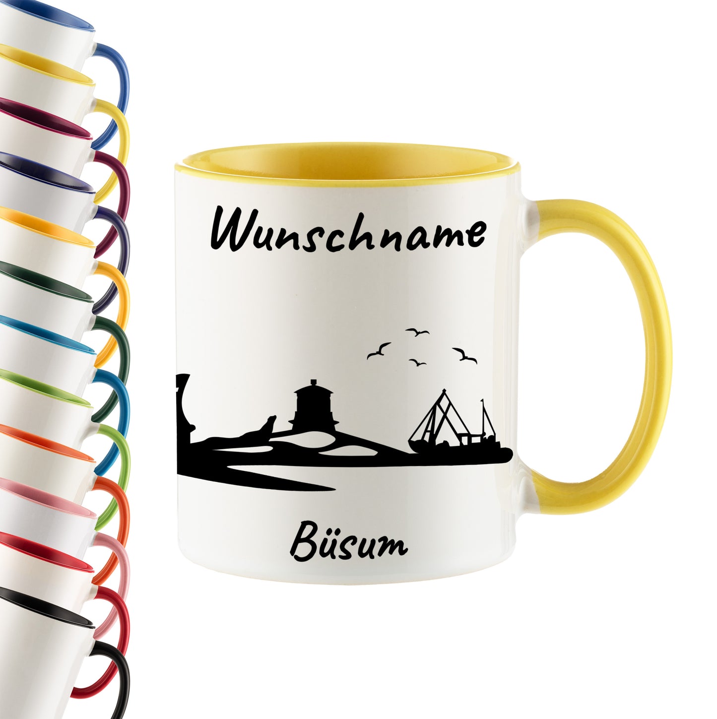 Tasse in Hellgelb 330ml bedruckt mit der Skyline von Büsum personalisierbar mit Wunschname