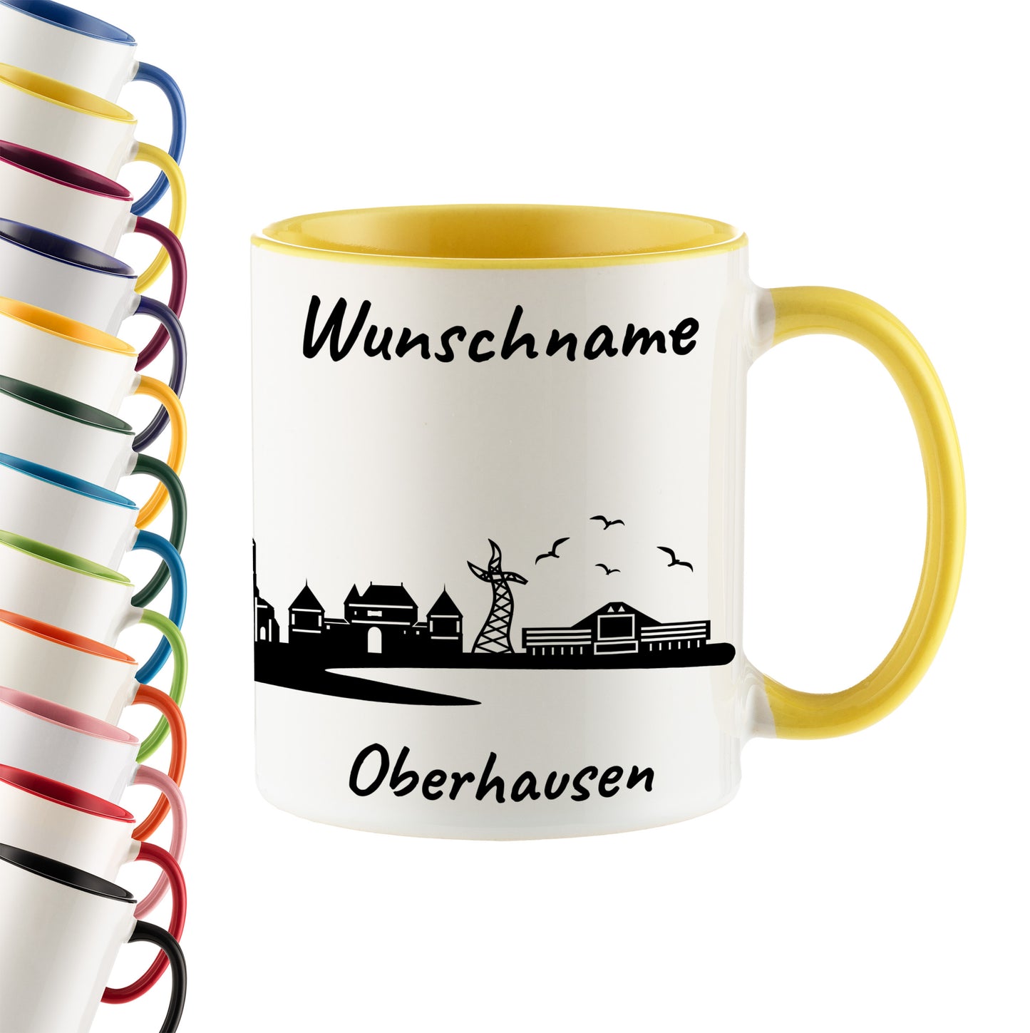 Tasse in Hellgelb 330ml bedruckt mit der Skyline von Oberhausen personalisierbar mit Wunschname