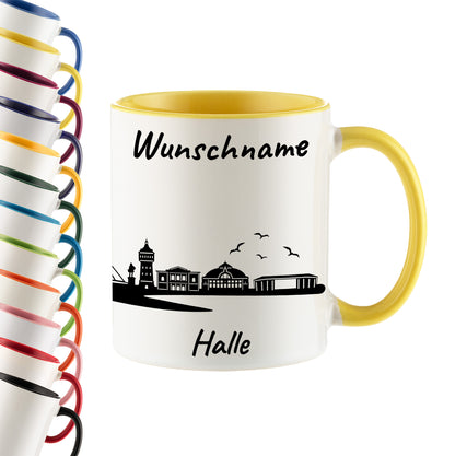 Tasse in Hellgelb 330ml bedruckt mit der Skyline von Halle personalisierbar mit Wunschname