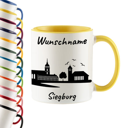 Tasse in Hellgelb 330ml bedruckt mit der Skyline von Siegburg personalisierbar mit Wunschname