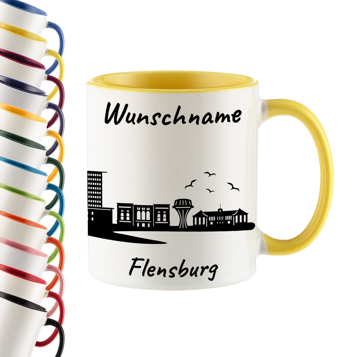 Tasse in Hellgelb 330ml bedruckt mit der Skyline von Flensburg personalisierbar mit Wunschname