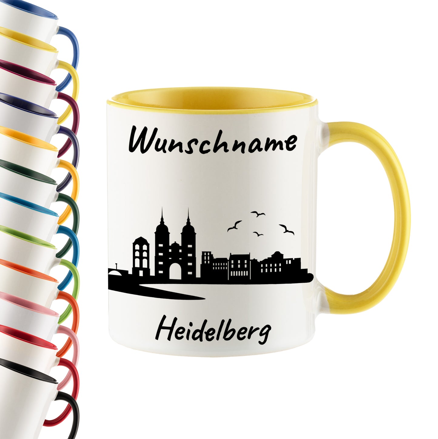 Tasse in Hellgelb 330ml bedruckt mit der Skyline von Heidelberg personalisierbar mit Wunschname