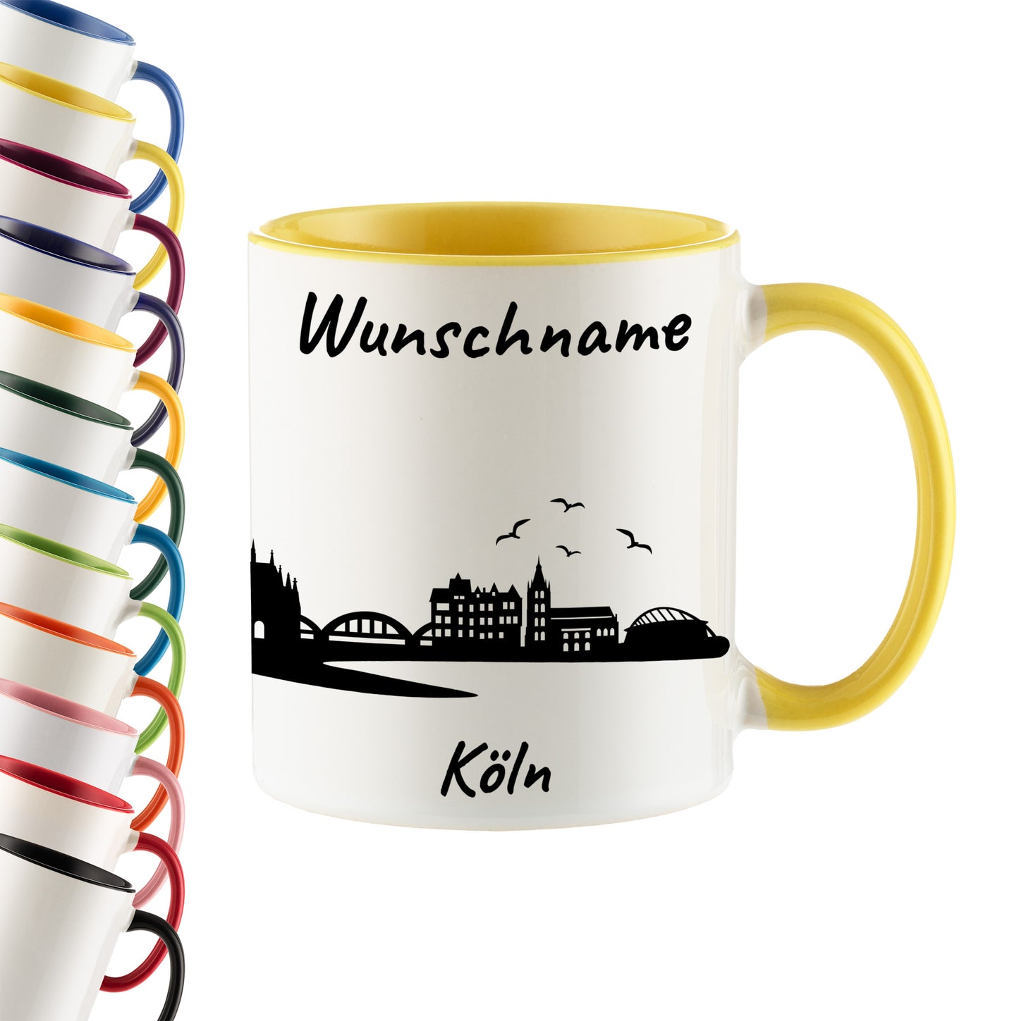 Tasse in Hellgelb 330ml bedruckt mit der Skyline von Köln personalisierbar mit Wunschname