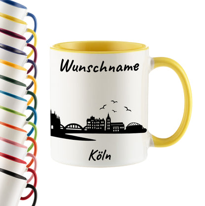 Tasse in Hellgelb 330ml bedruckt mit der Skyline von Köln personalisierbar mit Wunschname