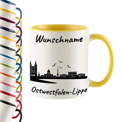 Tasse in Hellgelb 330ml bedruckt mit der Skyline von Ostwestfalen-Lippe personalisierbar mit Wunschname