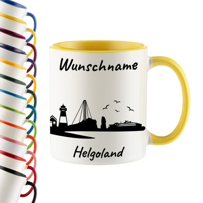 Tasse in Hellgelb 330ml bedruckt mit der Skyline von Helgoland personalisierbar mit Wunschname