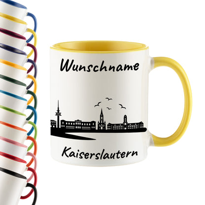 Tasse in Hellgelb 330ml bedruckt mit der Skyline von Kaiserslautern personalisierbar mit Wunschname