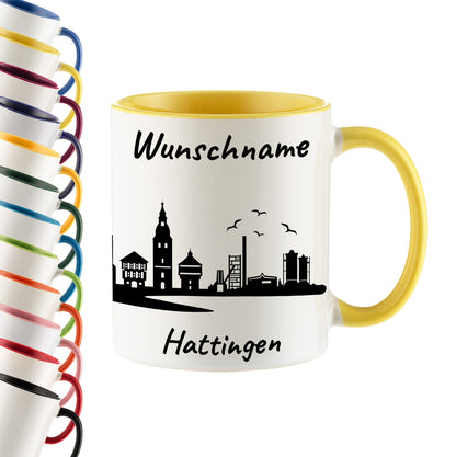 Tasse in Hellgelb 330ml bedruckt mit der Skyline von Hattingen personalisierbar mit Wunschname