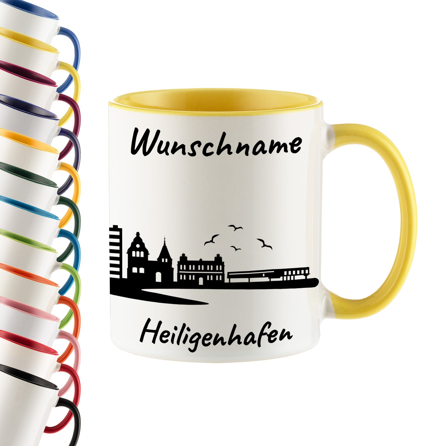 Tasse in Hellgelb 330ml bedruckt mit der Skyline von Heiligenhafen personalisierbar mit Wunschname
