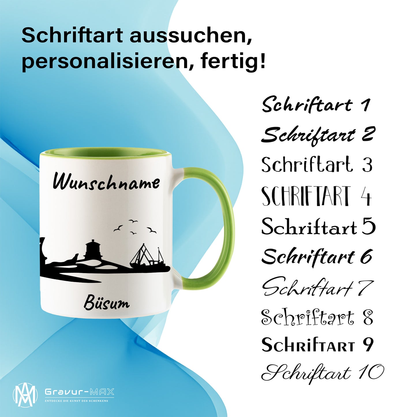 Tasse in Hellgrün 330ml bedruckt mit der Skyline von Büsum personalisierbar mit Wunschname