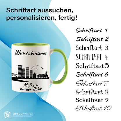 Tasse in Hellgrün 330ml bedruckt mit der Skyline von Mülheim an der Ruhr personalisierbar mit Wunschname