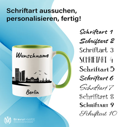 Tasse in Hellgrün 330ml bedruckt mit der Skyline von Berlin personalisierbar mit Wunschname