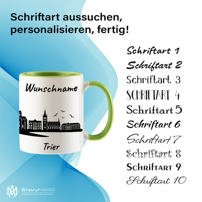 Tasse in Hellgrün 330ml bedruckt mit der Skyline von Trier personalisierbar mit Wunschname