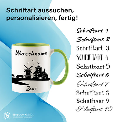 Tasse in Hellgrün 330ml bedruckt mit der Skyline von Zons (Dormagen) personalisierbar mit Wunschname