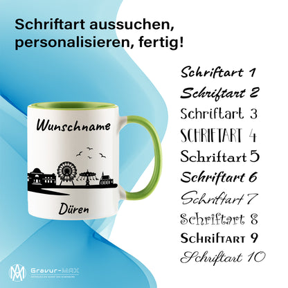 Tasse in Hellgrün 330ml bedruckt mit der Skyline von Düren personalisierbar mit Wunschname