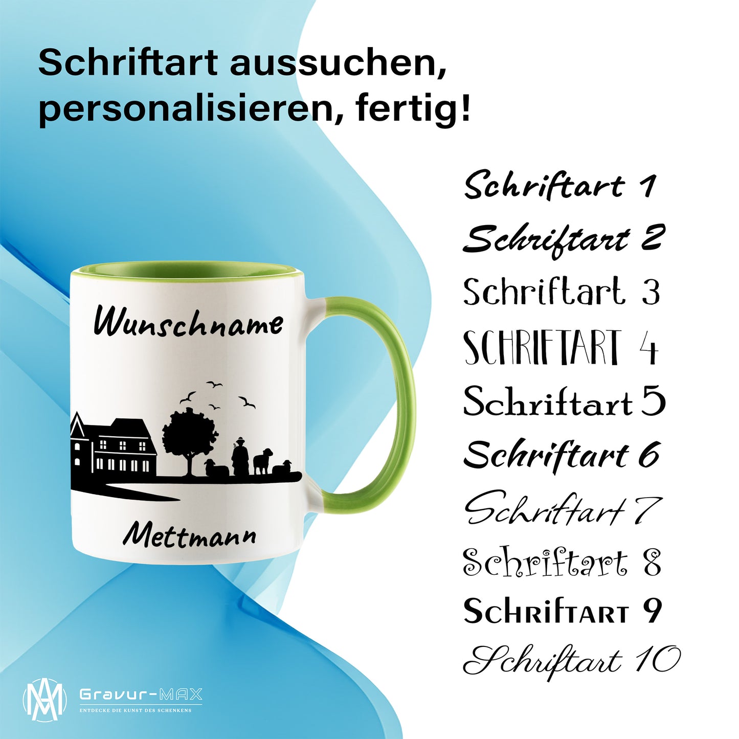 Tasse in Hellgrün 330ml bedruckt mit der Skyline von Mettmann personalisierbar mit Wunschname