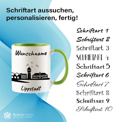 Tasse in Hellgrün 330ml bedruckt mit der Skyline von Lippstadt personalisierbar mit Wunschname