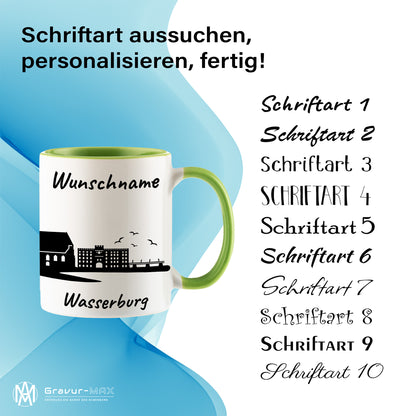 Tasse in Hellgrün 330ml bedruckt mit der Skyline von Wasserburg personalisierbar mit Wunschname