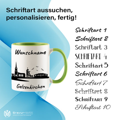 Tasse in Hellgrün 330ml bedruckt mit der Skyline von Gelsenkirchen personalisierbar mit Wunschname