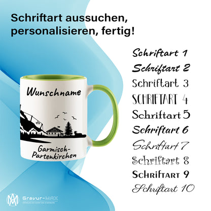 Tasse in Hellgrün 330ml bedruckt mit der Skyline von Garmisch-Partenkirchen personalisierbar mit Wunschname