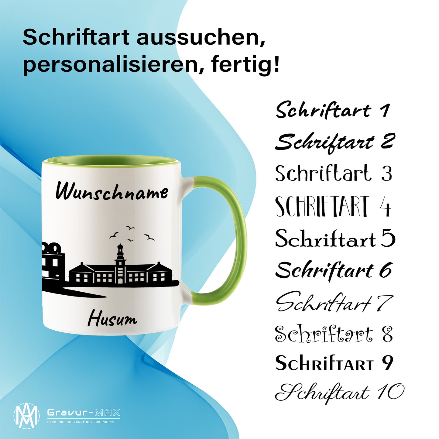Tasse in Hellgrün 330ml bedruckt mit der Skyline von Husum personalisierbar mit Wunschname