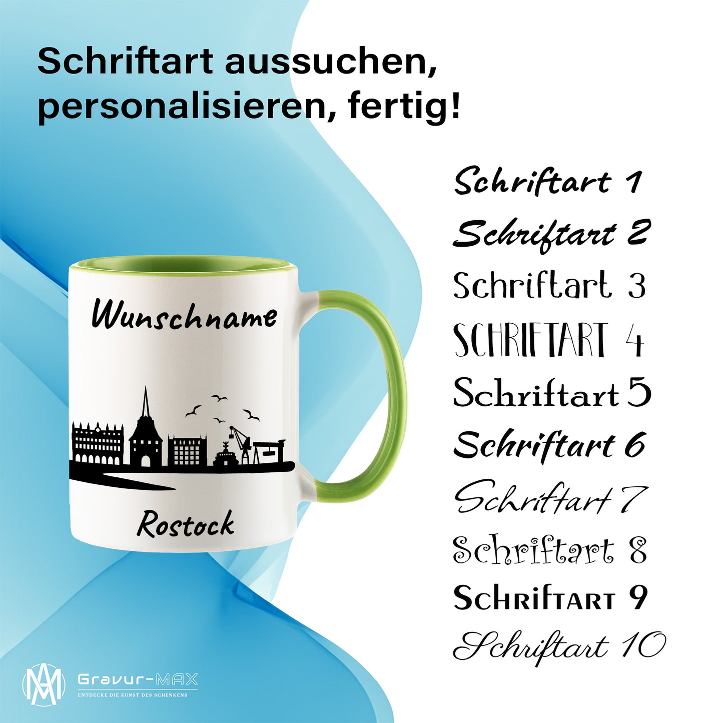 Tasse in Hellgrün 330ml bedruckt mit der Skyline von Rostock personalisierbar mit Wunschname