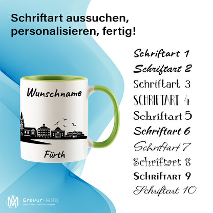 Tasse in Hellgrün 330ml bedruckt mit der Skyline von Fürth personalisierbar mit Wunschname