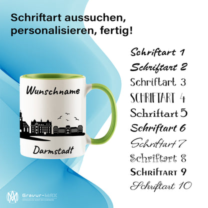 Tasse in Hellgrün 330ml bedruckt mit der Skyline von Darmstadt personalisierbar mit Wunschname