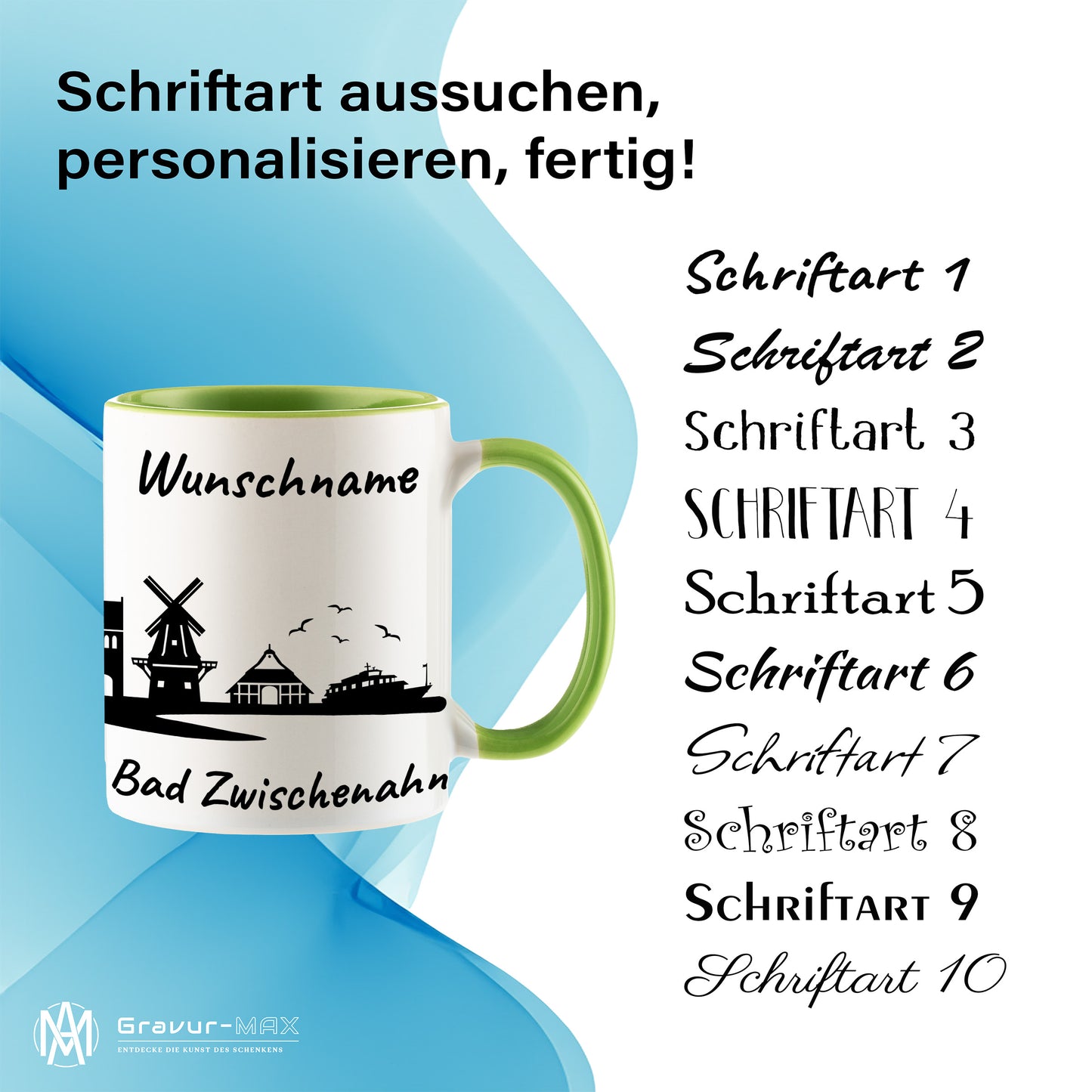 Tasse in Hellgrün 330ml bedruckt mit der Skyline von Bad Zwischenahn personalisierbar mit Wunschname