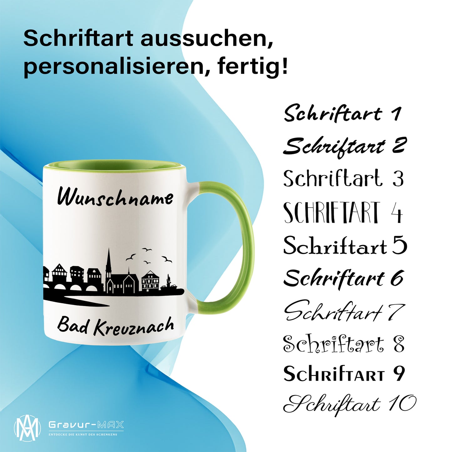 Tasse in Hellgrün 330ml bedruckt mit der Skyline von Bad Kreuznach personalisierbar mit Wunschname