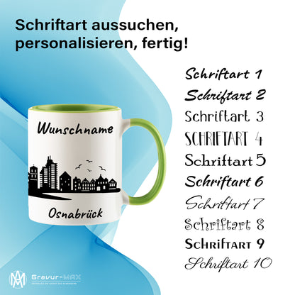 Tasse in Hellgrün 330ml bedruckt mit der Skyline von Osnabrück personalisierbar mit Wunschname