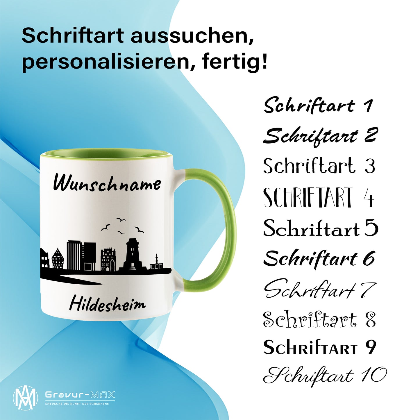 Tasse in Hellgrün 330ml bedruckt mit der Skyline von Hildesheim personalisierbar mit Wunschname