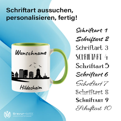 Tasse in Hellgrün 330ml bedruckt mit der Skyline von Hildesheim personalisierbar mit Wunschname