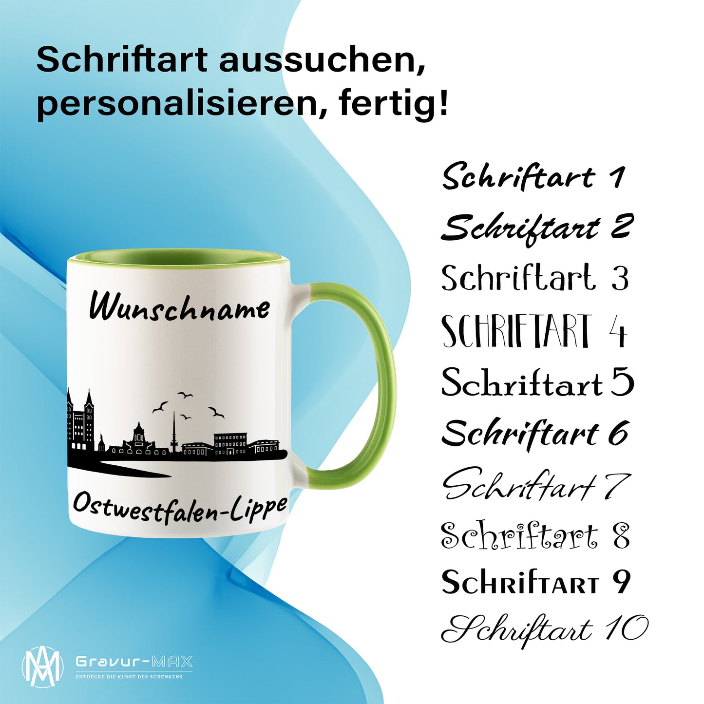 Tasse in Hellgrün 330ml bedruckt mit der Skyline von Ostwestfalen-Lippe personalisierbar mit Wunschname