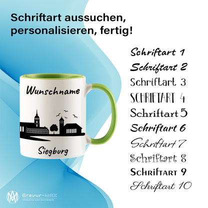 Tasse in Hellgrün 330ml bedruckt mit der Skyline von Siegburg personalisierbar mit Wunschname