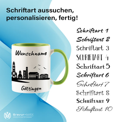 Tasse in Hellgrün 330ml bedruckt mit der Skyline von Göttingen personalisierbar mit Wunschname