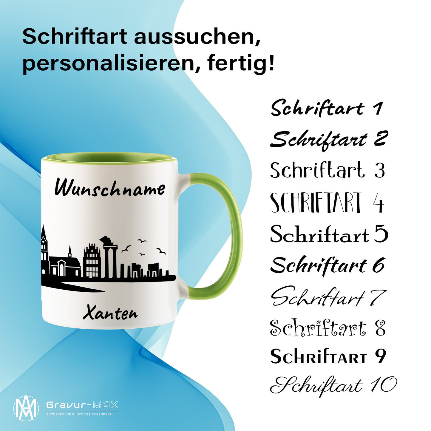 Tasse in Hellgrün 330ml bedruckt mit der Skyline von Xanten personalisierbar mit Wunschname