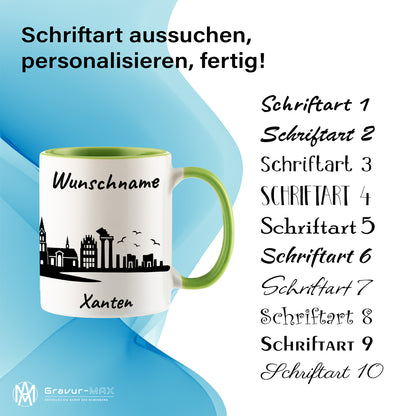 Tasse in Hellgrün 330ml bedruckt mit der Skyline von Xanten personalisierbar mit Wunschname