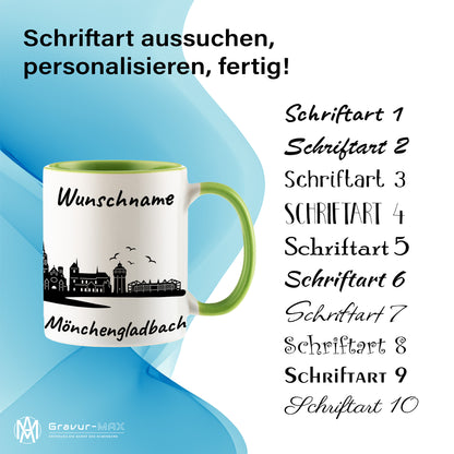 Tasse in Hellgrün 330ml bedruckt mit der Skyline von Mönchengladbach personalisierbar mit Wunschname
