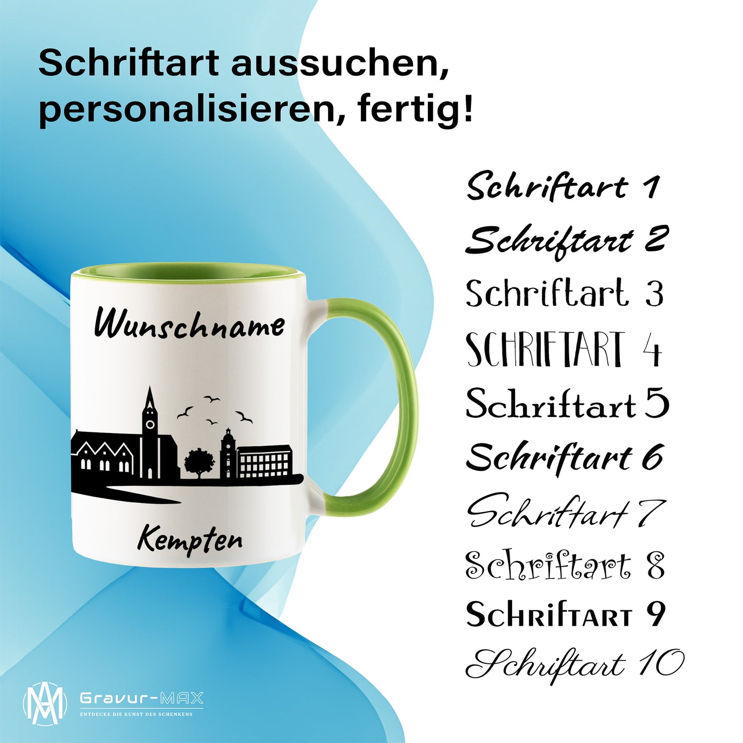 Tasse in Hellgrün 330ml bedruckt mit der Skyline von Kempten personalisierbar mit Wunschname