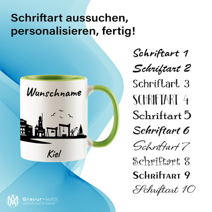 Tasse in Hellgrün 330ml bedruckt mit der Skyline von Kiel personalisierbar mit Wunschname