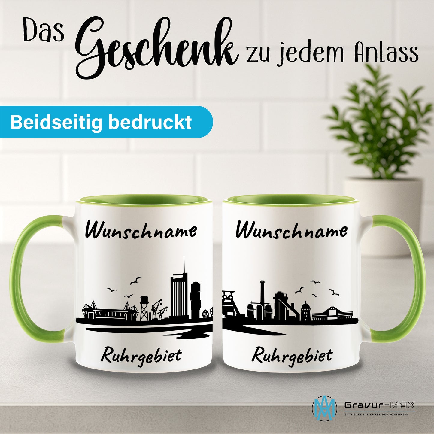 Tasse in Hellgrün 330ml bedruckt mit der Skyline von Ruhrgebiet personalisierbar mit Wunschname