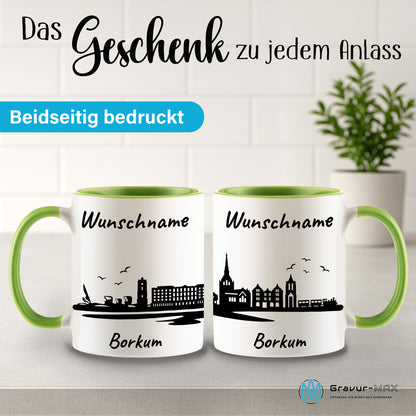Tasse in Hellgrün 330ml bedruckt mit der Skyline von Borkum personalisierbar mit Wunschname