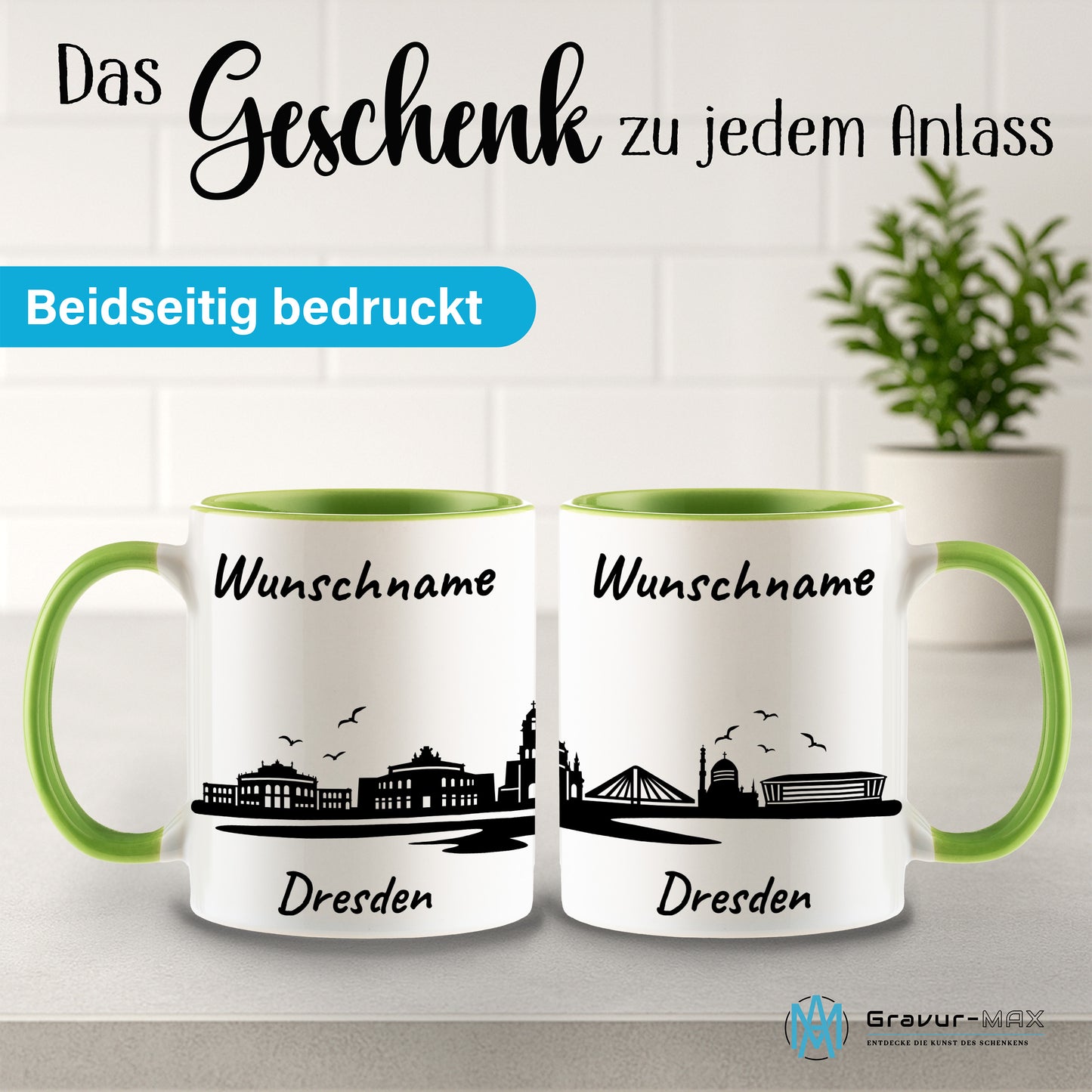 Tasse in Hellgrün 330ml bedruckt mit der Skyline von Dresden personalisierbar mit Wunschname