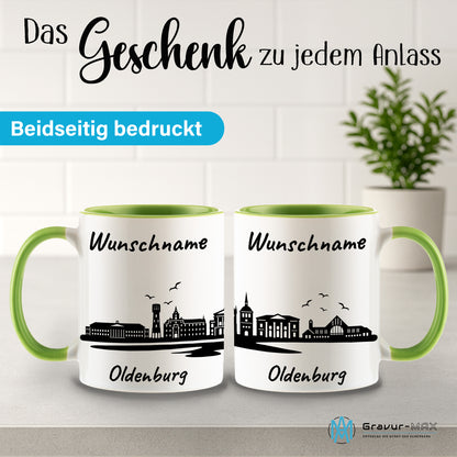 Tasse in Hellgrün 330ml bedruckt mit der Skyline von Oldenburg personalisierbar mit Wunschname