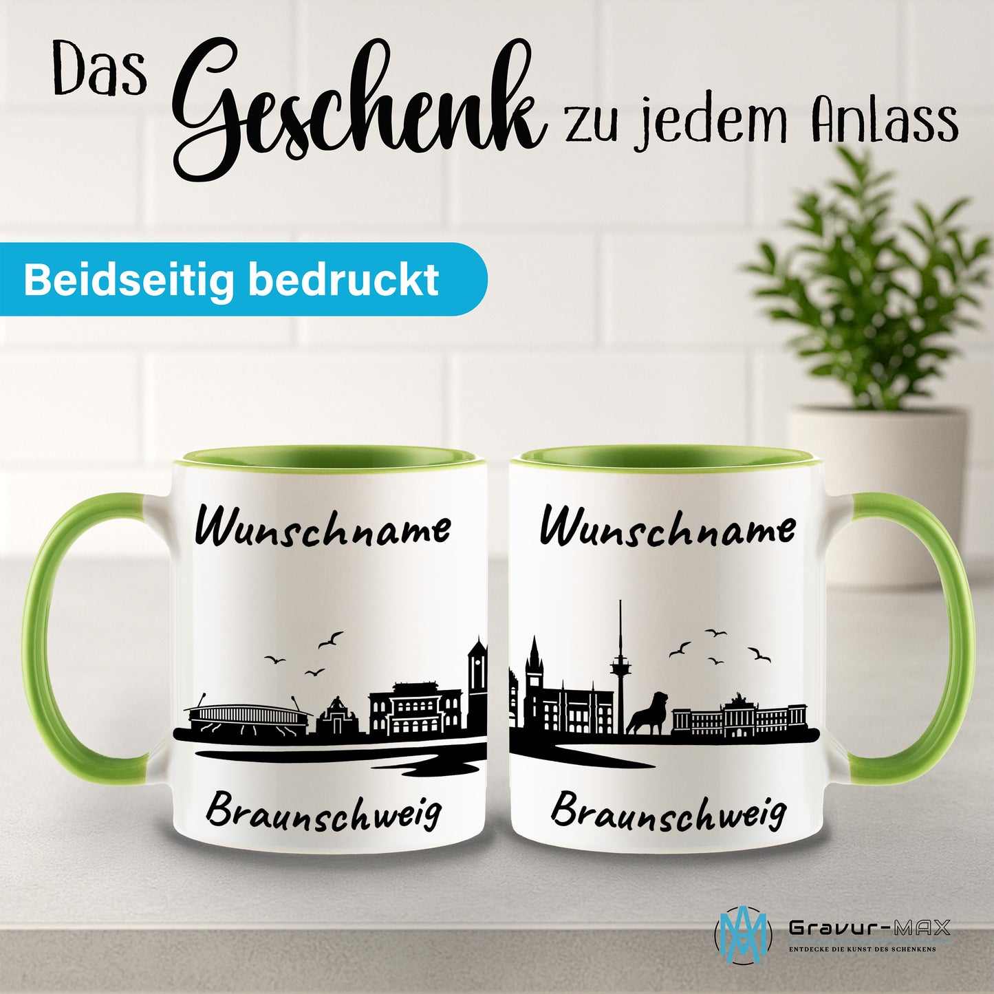 Tasse in Hellgrün 330ml bedruckt mit der Skyline von Braunschweig personalisierbar mit Wunschname