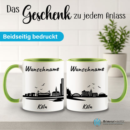 Tasse in Hellgrün 330ml bedruckt mit der Skyline von Köln personalisierbar mit Wunschname