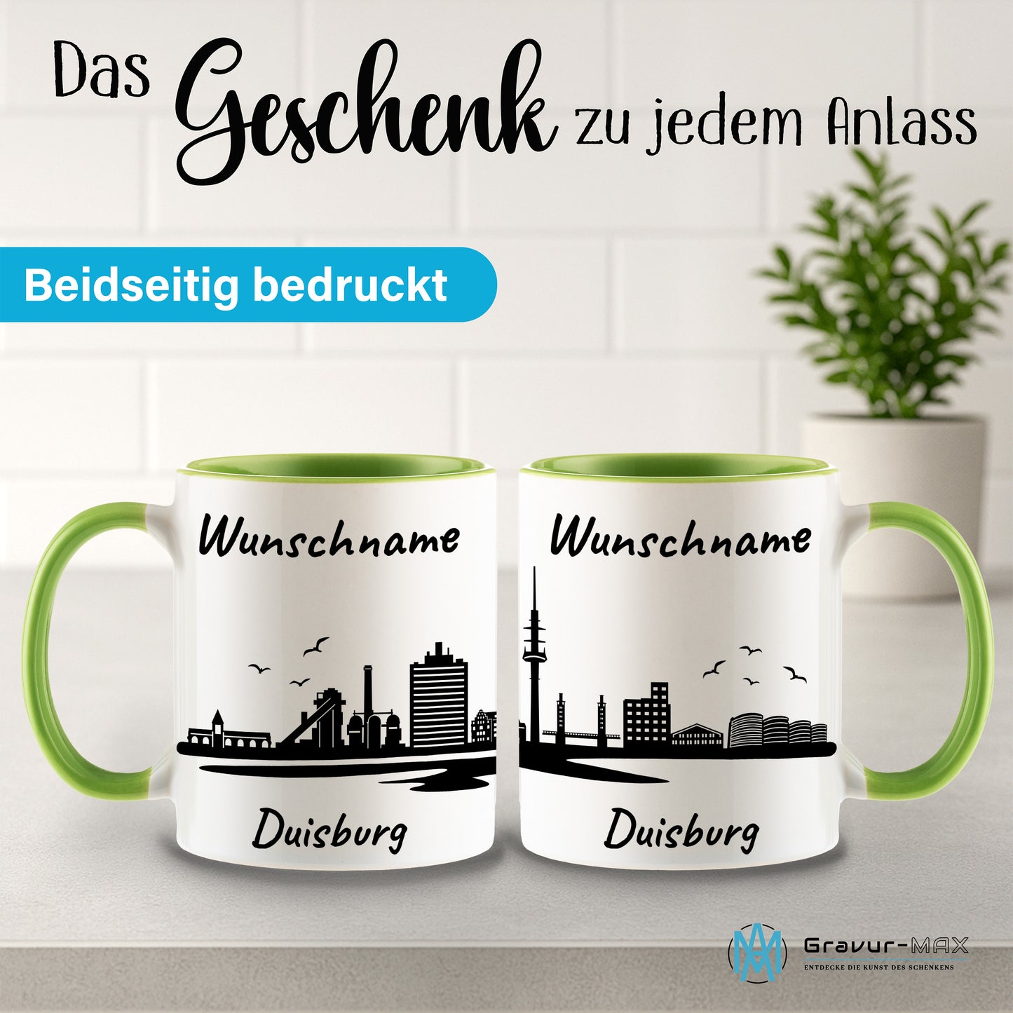 Tasse in Hellgrün 330ml bedruckt mit der Skyline von Duisburg personalisierbar mit Wunschname