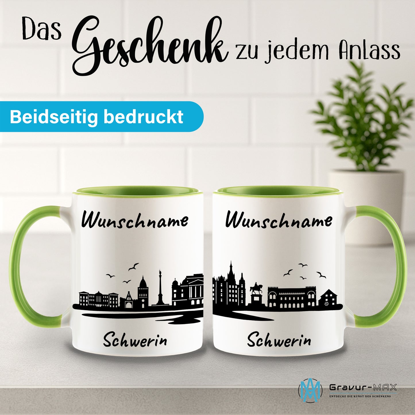 Tasse in Hellgrün 330ml bedruckt mit der Skyline von Schwerin personalisierbar mit Wunschname